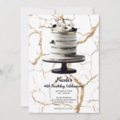 ブラック&ホワイト ゴールド フローラル ティア ケーキ バースデー パーティ 招待状 (正面)