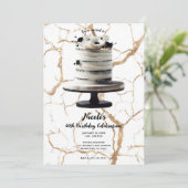 ブラック&ホワイト ゴールド フローラル ティア ケーキ バースデー パーティ 招待状 (スタンド正面)