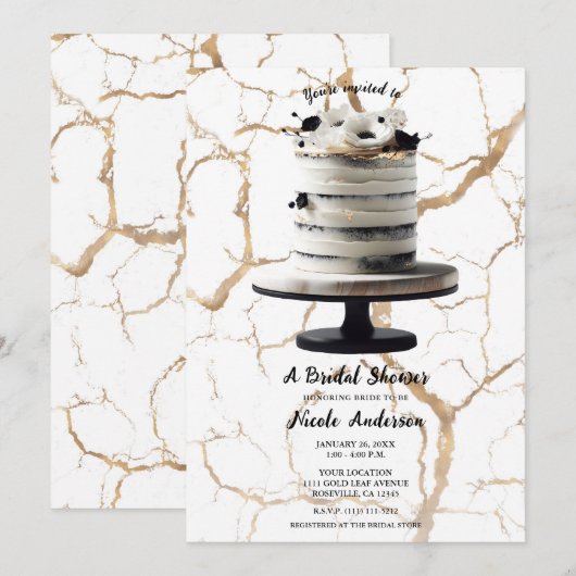 ブラック＆ホワイト ゴールド フローラル ティア ケーキ ブライダル シャワー 招待状 (正面/裏面)