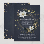 ブラック ホワイト ゴールド フローラル リース 婚約パーティー 招待状 (正面/裏面)