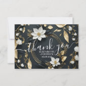 ブラック ホワイト ゴールド フローラル リース 結婚式 感謝カード (正面)