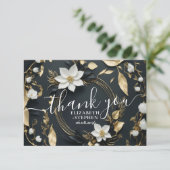 ブラック ホワイト ゴールド フローラル リース 結婚式 感謝カード (スタンド正面)