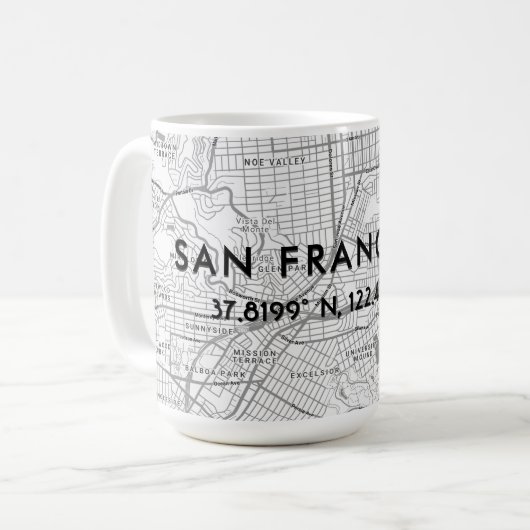 ブラック&ホワイト サンフランシスコ マップ カスタム座標 コーヒーマグカップ (正面左)