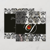 ブラック ホワイト シルク ダマスク クロス モノグラム  レッド ルビー 招待状 (正面/裏面)