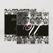 ブラック ホワイト シルク ダマスク モノグラム パープル アメジスト 招待状 (正面/裏面)