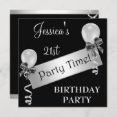 ブラック&ホワイト シルバーのストリーマー リボン&バルーン 招待状 (正面/裏面)