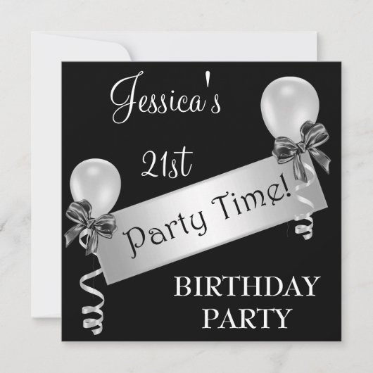 ブラック&ホワイト シルバーのストリーマー リボン&バルーン 招待状 (正面)