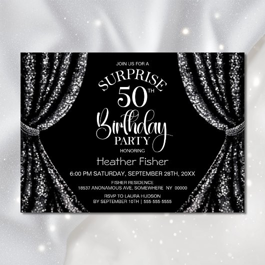 ブラック ホワイト シークイン カーテン サプライズ 50歳の誕生日 招待状