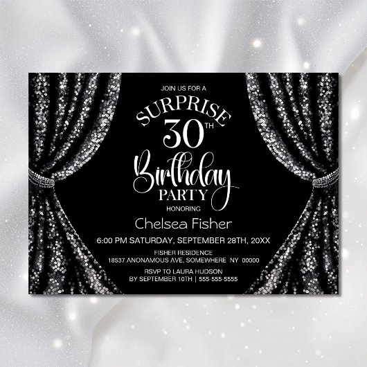 ブラック ホワイト シーケン カーテン サプライズ 30歳の誕生日 招待状