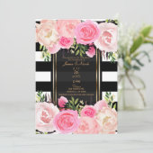 ブラック ホワイト ストライプ ゴールド ピンク フローラル ウェディング 招待状 (スタンド正面)