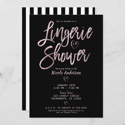 ブラック ホワイト ストライプ ローズゴールド ピンク 下着 シャワー 招待状 (正面/裏面)