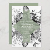 ブラック ホワイト セージグリーン 花 水彩 結婚式 案内状 (正面/裏面)