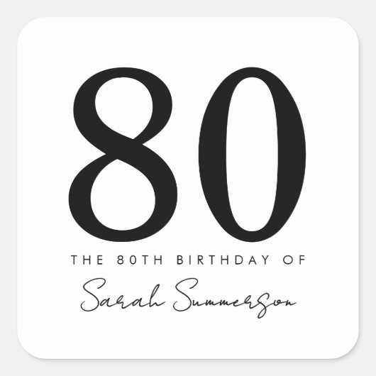 ブラック ホワイト タイポグラフィ 八十歳の誕生日 スクエアシール (正面)