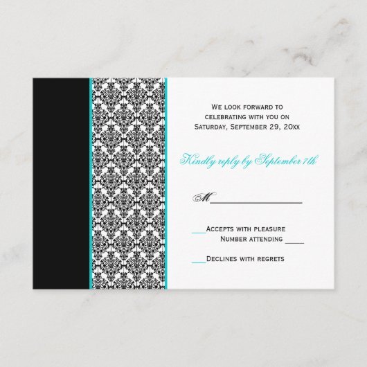 ブラック ホワイト ターコイズ ダマスク RSVP カード (正面)