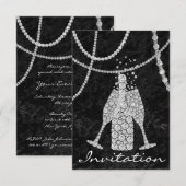 ブラック・ホワイト・ダイヤモンド・ガラス・バブル・シャンパン・ボトル 招待状 (正面/裏面)