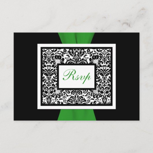 ブラック ホワイト ダマスク グリーン 印刷 リボン RSVP (正面)