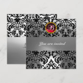 ブラック&ホワイト ダマスク ジェム ストーン モノグラム 赤ルビー 招待状 (正面/裏面)