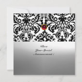 ブラック＆ホワイト ダマスク ジェム ストーン モノグラム 赤 ルビー 招待状 (裏面)