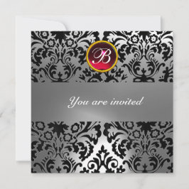 ブラック＆ホワイト ダマスク ジェム ストーン モノグラム 赤 ルビー 招待状