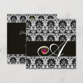 ブラック ホワイト  ダマスク モノグラム ピンク フクシア アメジスト 招待状 (正面/裏面)