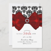 ブラック＆ホワイト ダマスク レッド リボン グラム スイート16 パーティー 招待状 (正面)