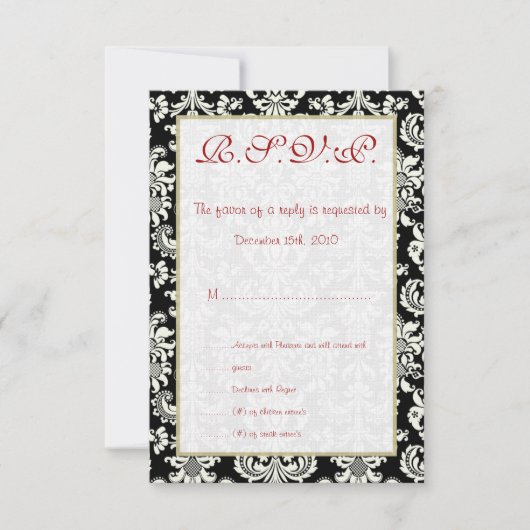 ブラック/ホワイト ダマスク 結婚式 RSVP カード (正面)