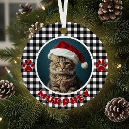 ブラック＆ホワイト・チェック柄のクリスマス オーダーメイド ペット メタルオーナメント