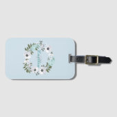 ブラック、ホワイト、ティール（緑がかった色）フローラデザインモノグラム ラゲッジタグ (正面横)