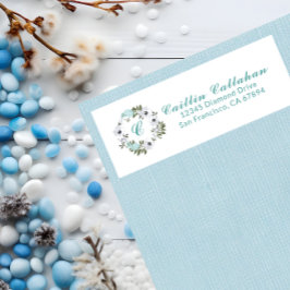 ブラック、ホワイト、ティール（緑がかった色）フローラデザインモノグラム ラベル