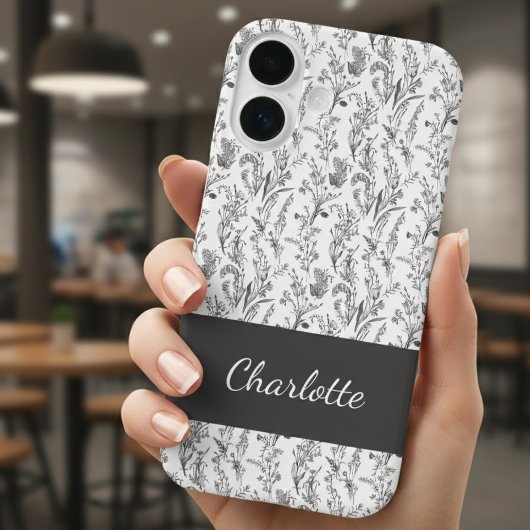 ブラック ホワイト トワル 花柄 名前入り Case-Mate iPhoneケース