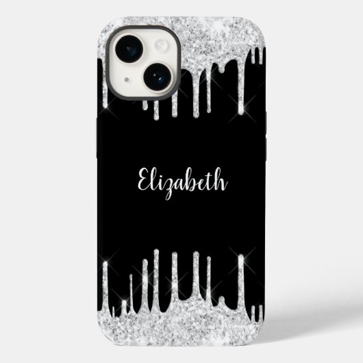 ブラック ホワイト ドリッピング グリッター シルバー モノグラム Case-Mate iPhoneケース (裏面)