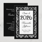 ブラック/ホワイト バロック様式 おしゃれな卒業お知らせカード 招待状 (正面/裏面)
