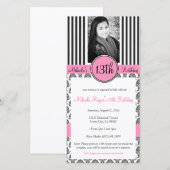 ブラック、ホワイト、ピンクのストライプ招待状 (正面/裏面)