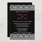 ブラック/ホワイト/ピンクのダマスク結婚式招待状 招待状 (正面/裏面)