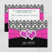 ブラック, ホワイト, ピンクのダマスク & ハーツ 返信カード (正面/裏面)