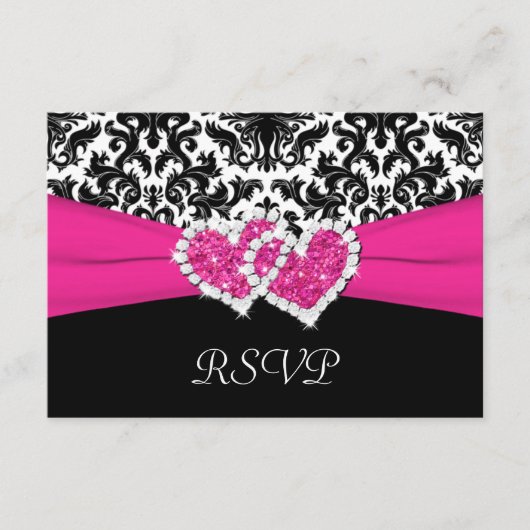 ブラック, ホワイト, ピンクのダマスク & ハーツ 返信カード (正面)