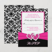 ブラック, ホワイト, ピンクのダマスク & ハーツ 返信カード (正面/裏面)
