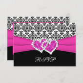 ブラック, ホワイト, ピンクのダマスク & ハートの返信カード 出欠カード (正面/裏面)