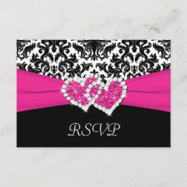 ブラック・ホワイト・ピンクのダマスク＆ハートの返信カード 出欠カード