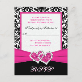 ブラック・ホワイト・ピンクのダマスク&ハートの返信カード 出欠カード