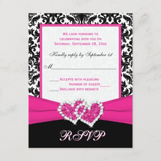 ブラック・ホワイト・ピンクのダマスク＆ハートの返信カード 出欠カード (正面)