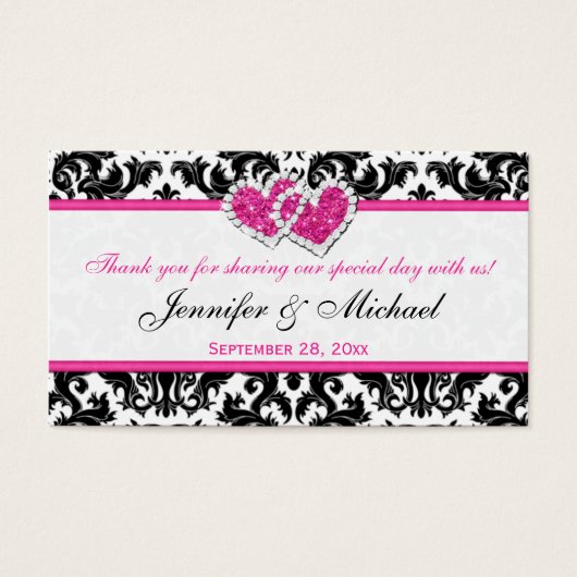 ブラック、ホワイト、ピンクの結合ハートダマスクメッセージカード (正面)