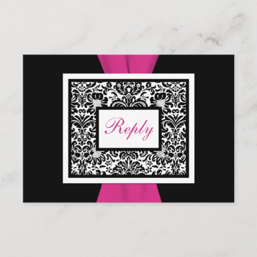 ブラック, ホワイト, ピンク ダマスク 印刷 リボン RSVP (正面)