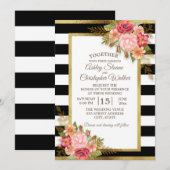 ブラック ホワイト ピンク レッド フローラル ゴールド ウェディング 招待状 (正面/裏面)