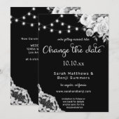 ブラック＆ホワイト フラワー ライチ  日程変更 招待状 (正面/裏面)