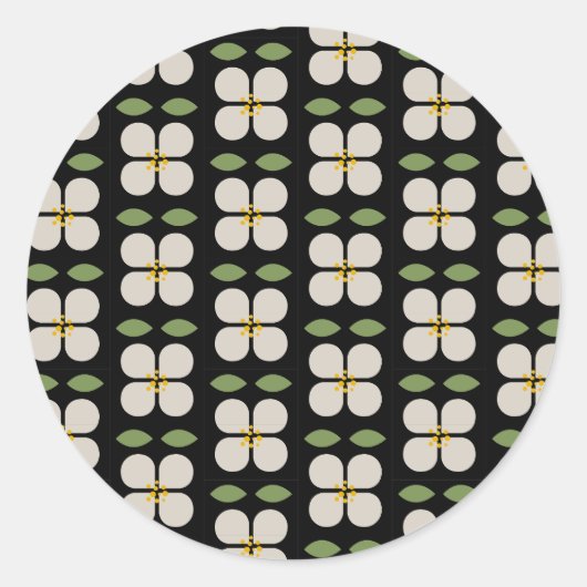 ブラック&ホワイト フローラルステッカー - ブルーム&スティック ラウンドシール (正面)