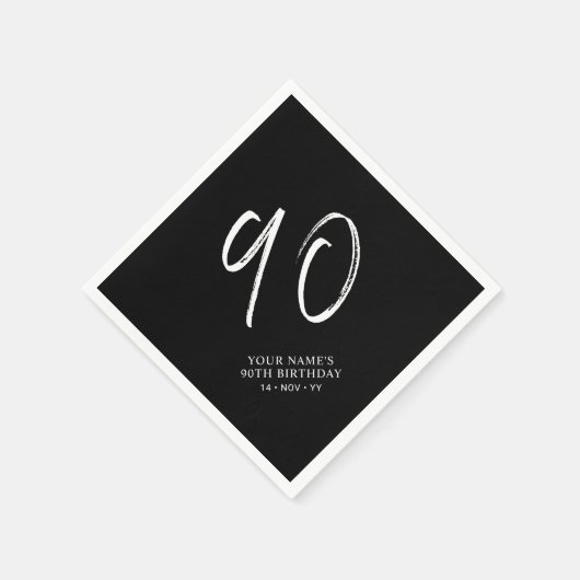 ブラック&ホワイト | ブラシスクリプト90th誕生日パーティー スタンダードカクテルナプキン (角)