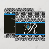 ブラック ホワイト ブルー ダマスク モノグラム サファイア ゴールド 招待状 (正面/裏面)