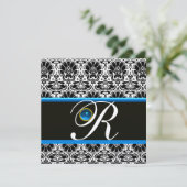 ブラック ホワイト ブルー ダマスク モノグラム サファイア ゴールド 招待状 (スタンド正面)