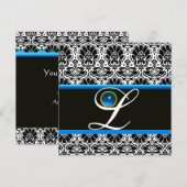 ブラック ホワイト ブルー ダマスク モノグラム サファイア メタリック 招待状 (正面/裏面)